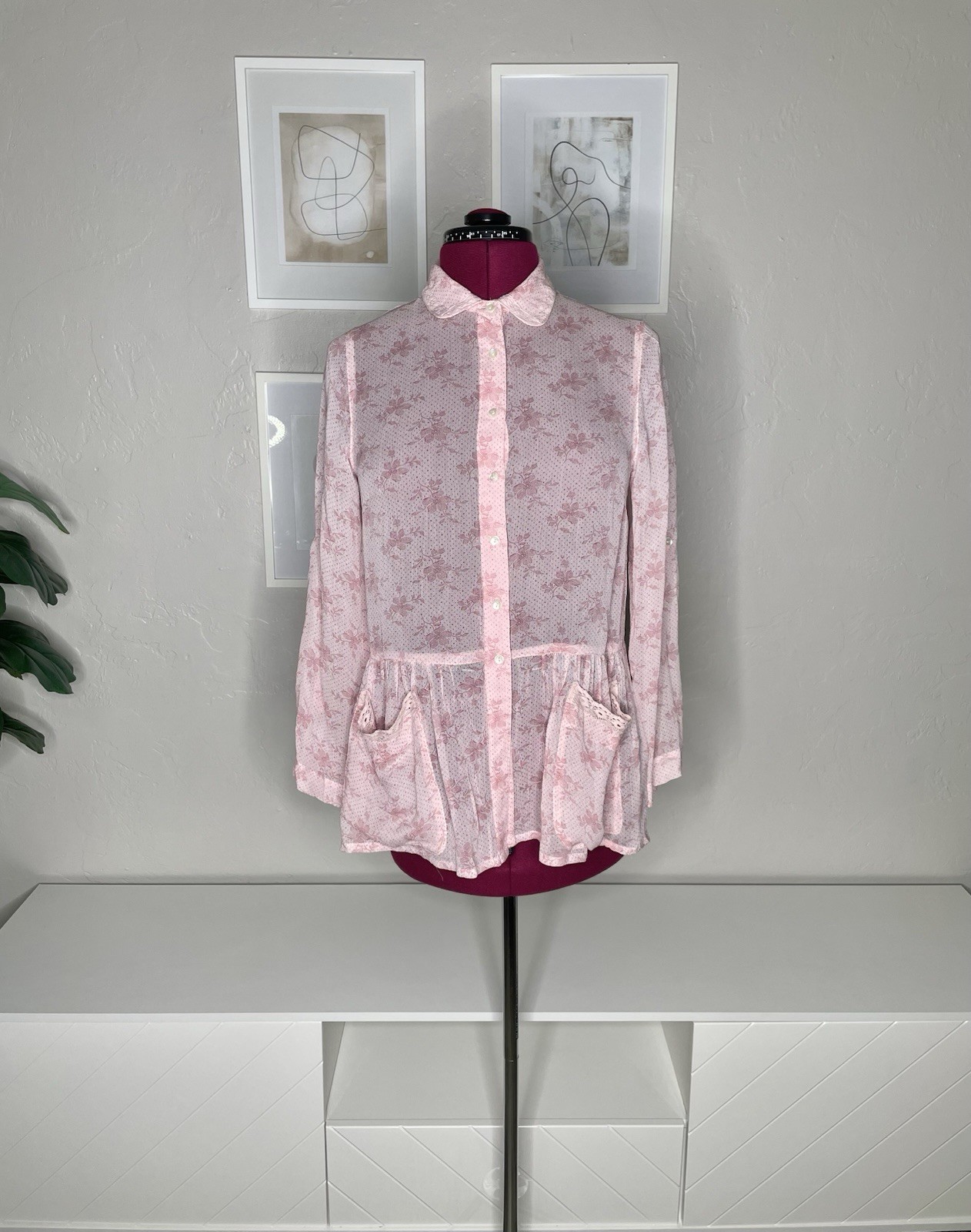April Cornell Aimee Blouse XS Romantic Georgette Floral Pink Roll Up Lightweight