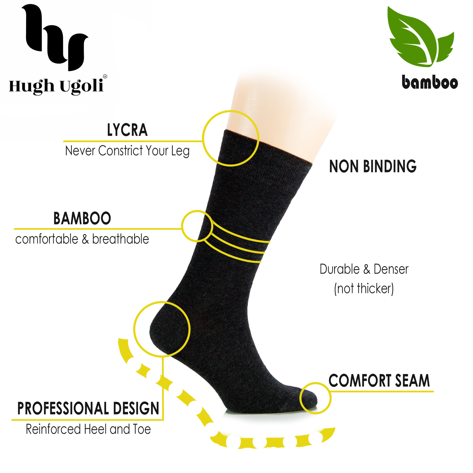 Women Bamboo Dress Socks, Crew Soft Socks for Business, 6 Pairs, by Hugh Ugoli