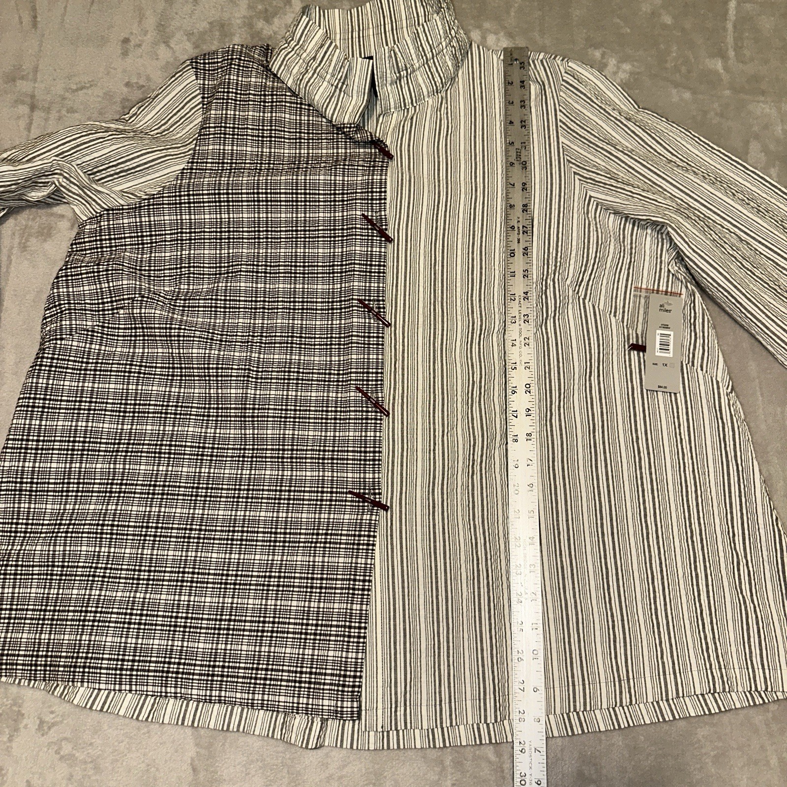 Ali Miles NWT Toggle Button Tunic Plus Size 1X Plaid Stripe Crinkle Wire Collar