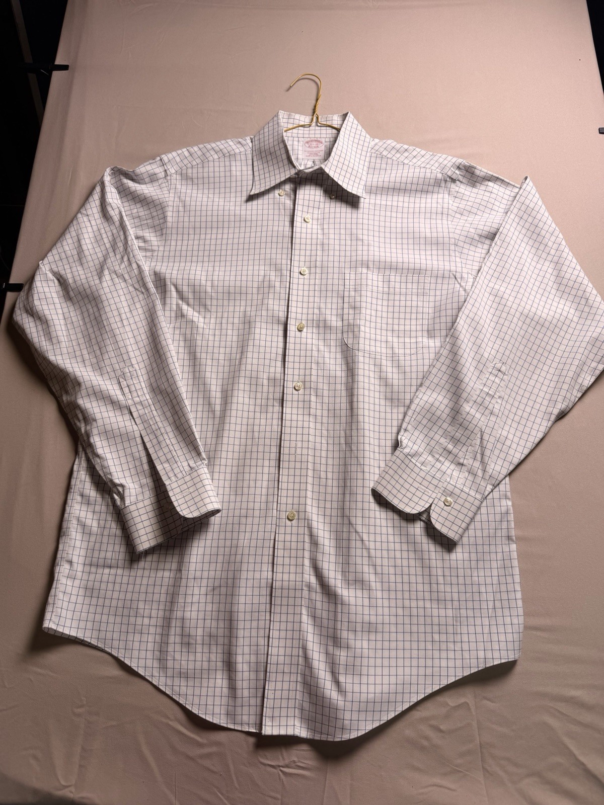 Brooks Brothers Polo Shirt 15.5 34 White Blue Windowpane Check Non Iron