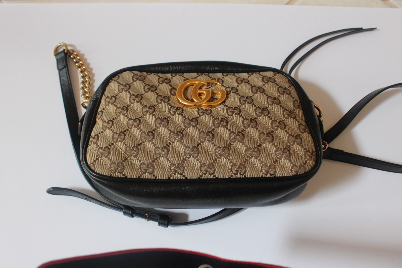 Gucci GG Diagonal Quilted Marmont Camera Bag in Beige & Ebony