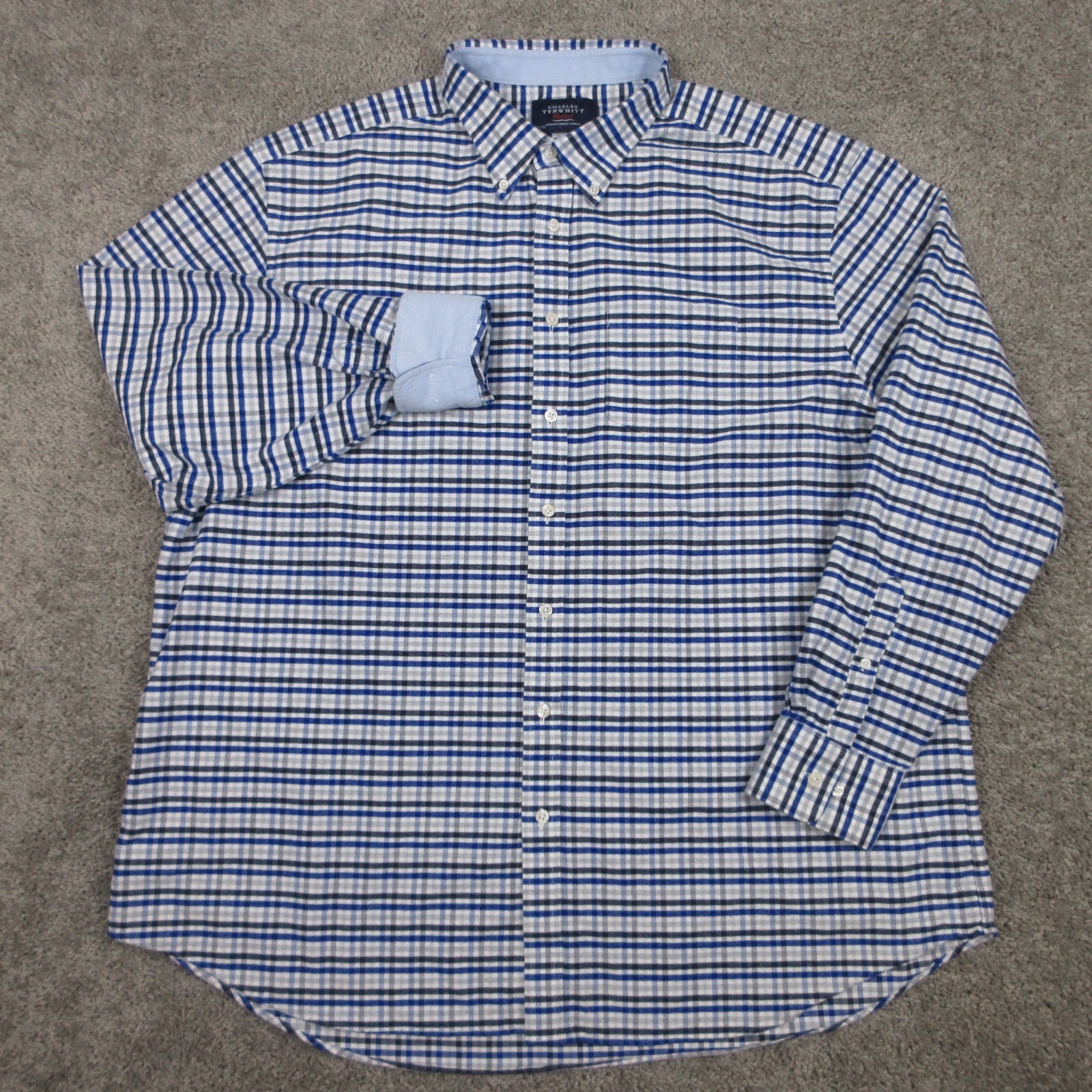 Charles Tyrwhitt Shirt Mens 3XL Blue Plaid Oxford Cloth Flip Cuff Button Up EUC