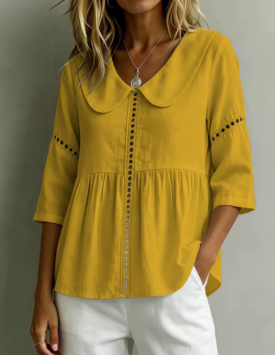 Womens Peter Pan Collar Blouse 3/4 Sleeve Lace Tunic Shirt Babydoll Peplum Tops