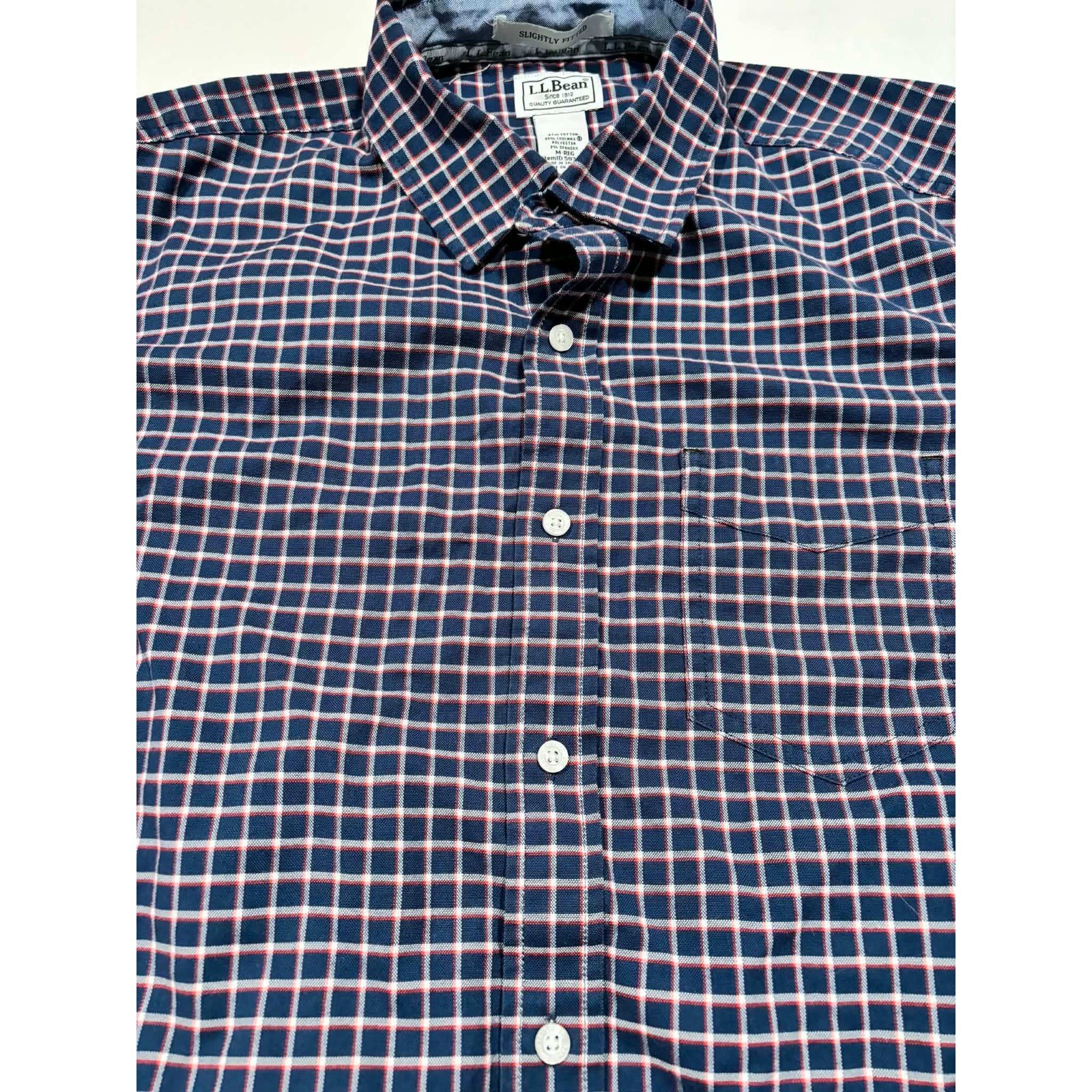 LL Bean Mens Slightly Fitted CoolMax Stretch Grid Check Shirt Navy Red M-REG