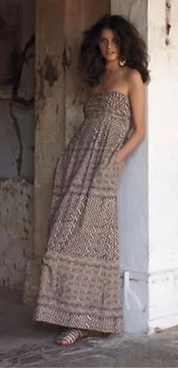 Anthropologie Edme & Esyllte Dress Women 0 Ivory Brown Strapless Hypnotic Maxi