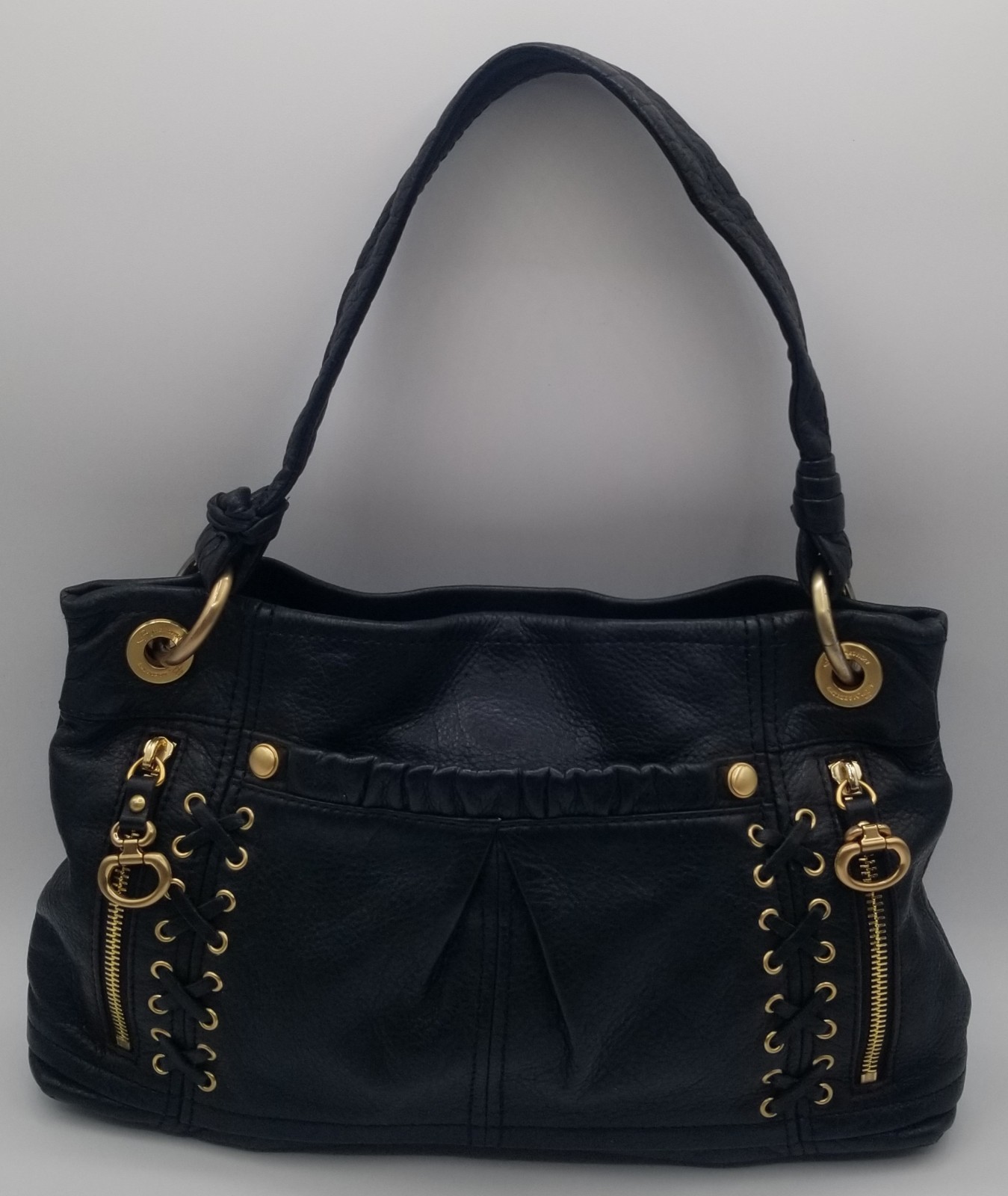 B Makowsky Black Pebble Leather Hobo Bag Gold Hardware Corset Lace Up, Side Zips