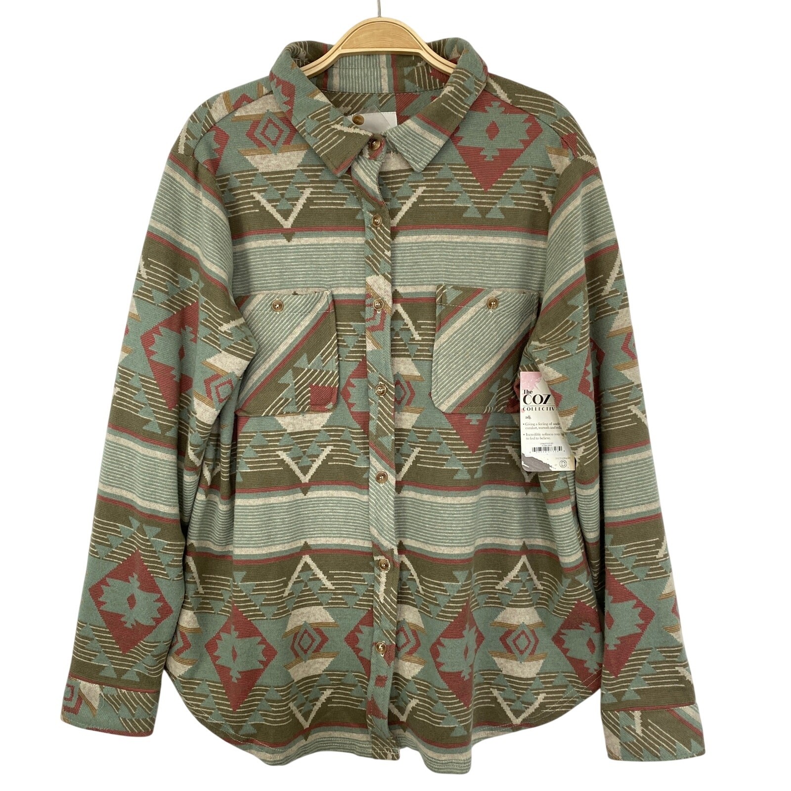 Aztec Southwestern Boyfriend Shacket Shirt Jacket Women L Sage Green Cowgirl NWT