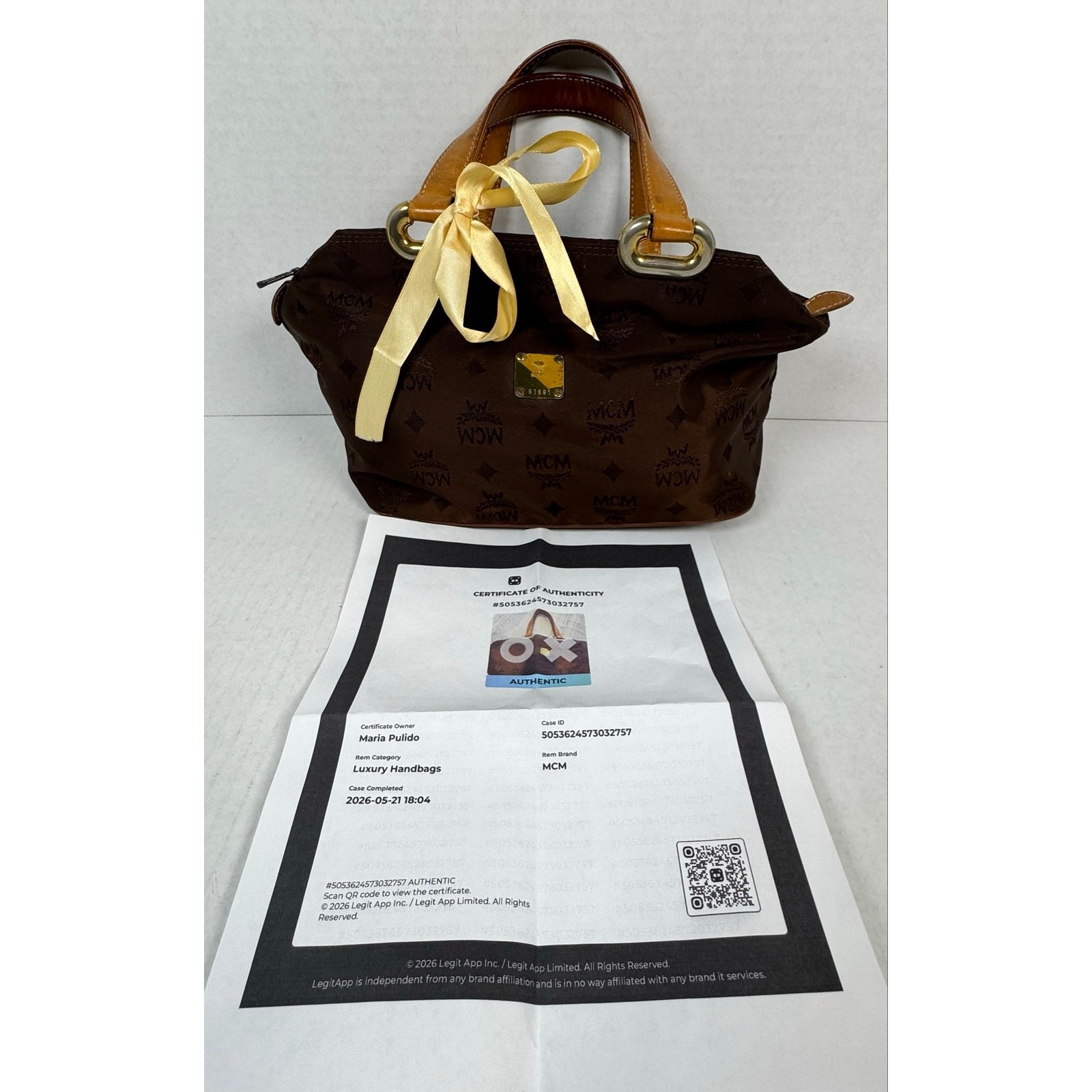 MCM Brown Monogram Nylon Handbag Cognac Leather Trim COA