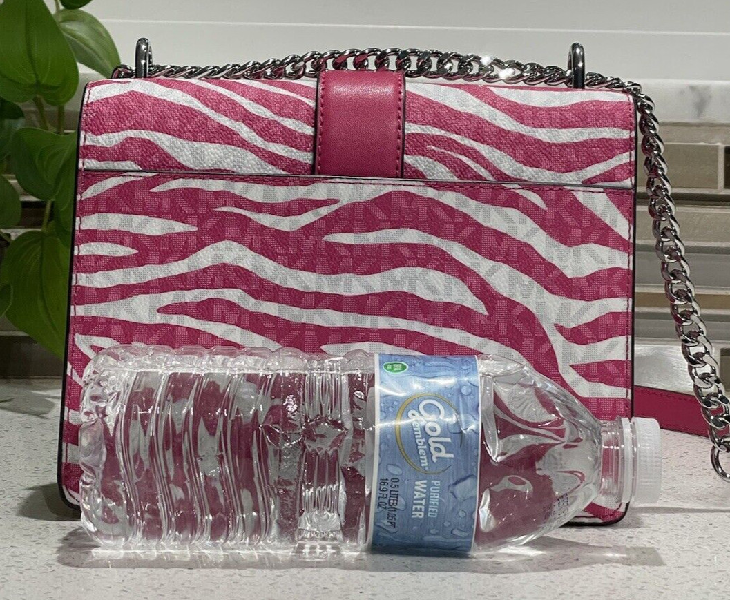 MICHAEL KORS GREENWICH SMALL FLAP CROSSBODY MK CHAIN BAG TOTE PINK ANIMAL ZEBRA