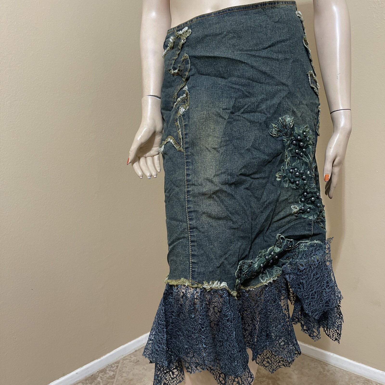 Women’s Blue Greenish Denim Cotton Embroidery Boho Zip Size L(8-10) Skirt 3711