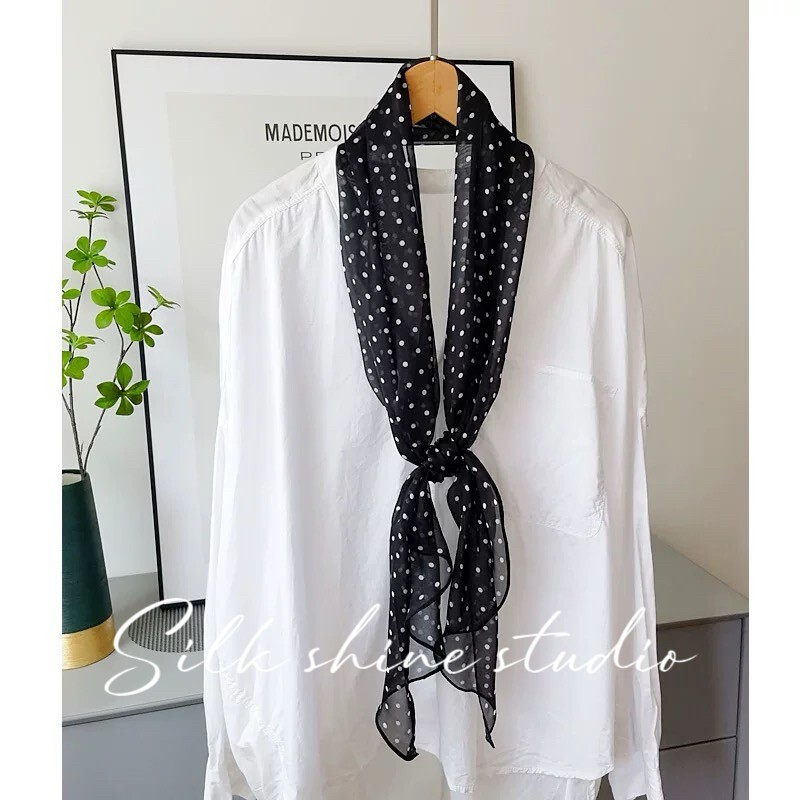 Chic Black & White Polka Dot 100% Silk Scarf -Lightweight 63″x12″ Oblong Summer