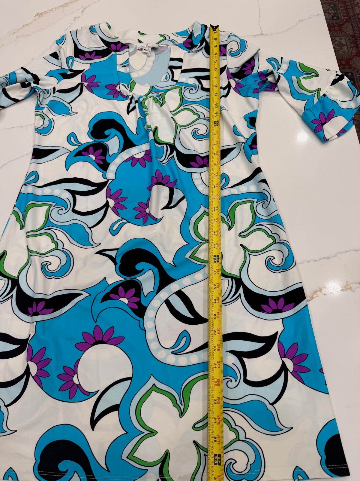 Jude Connally Turquoise and White Jersey Shift Dress Size XL 3/4 Ruffle Sleeve