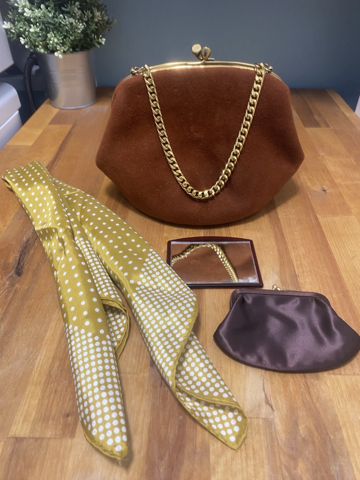 Coblentz Mid Century Vintage Handbag Fawn Brown Soft Suede Gold Chain Link Strap