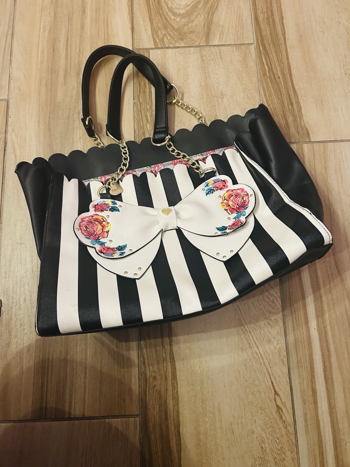 Betsey Johnson Black White Striped Satchel Top Handle Zip Bow Gold Chain Strap