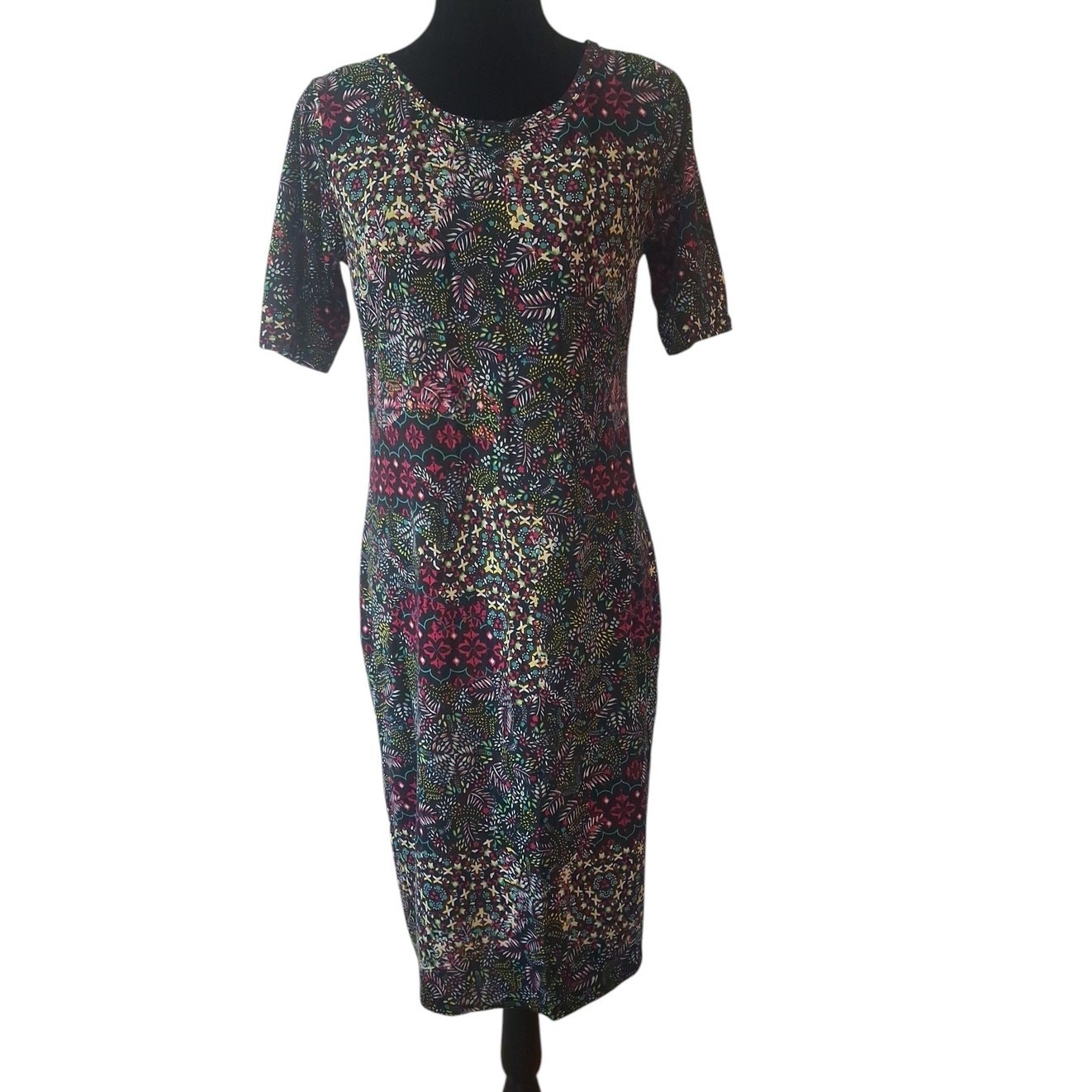 LuLaRoe Julia Dress Multicolor Short Sleeve Form Fitting Midi Womens Size L