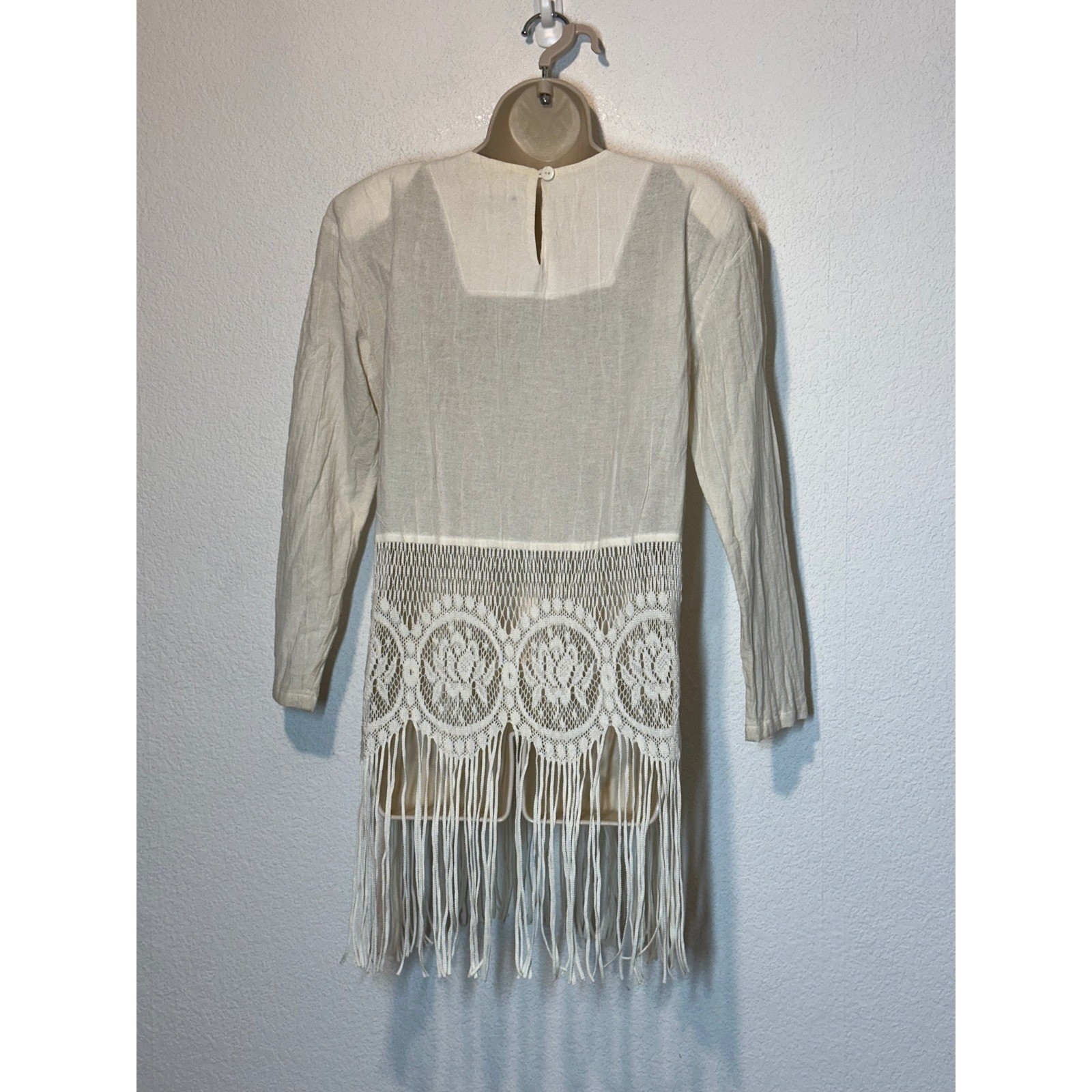 Vtg 80s 90s California Tunic Top Lace Fringe Long Sleeve Ivory Size 4 USA Boho