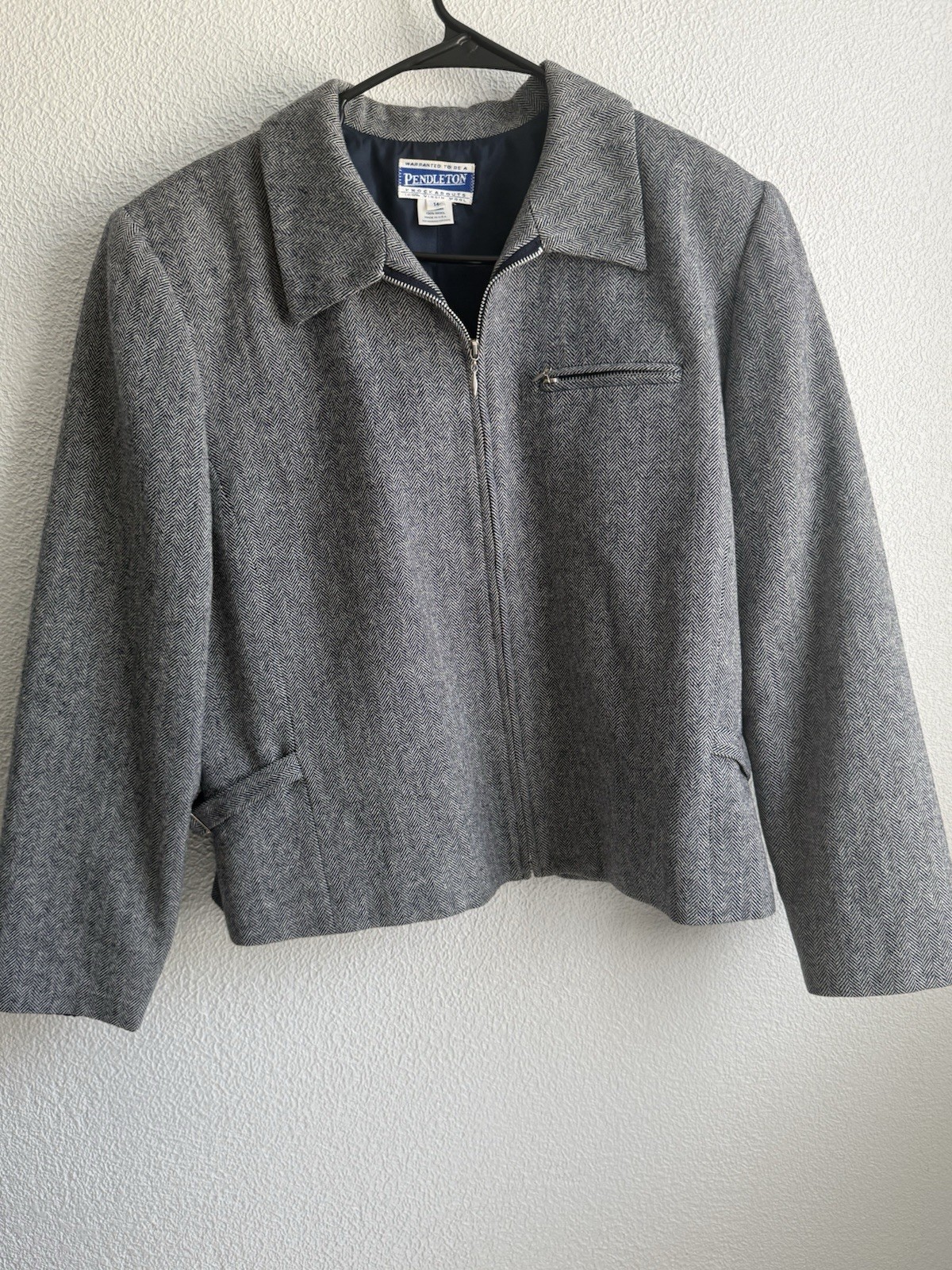 Pendleton Knockabouts Women’s Gray Herringbone Wool Zip Jacket Lined Pockets 14