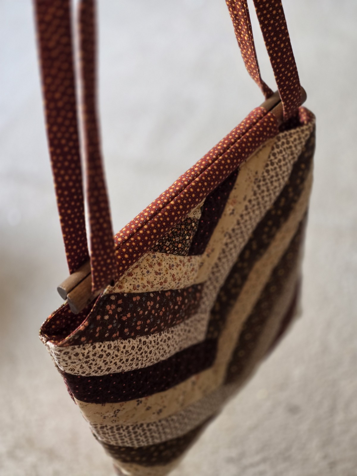 Handmade Quilted Tote Bag Patchwork Cotton Wood Handles Brown Cottagecore Retro