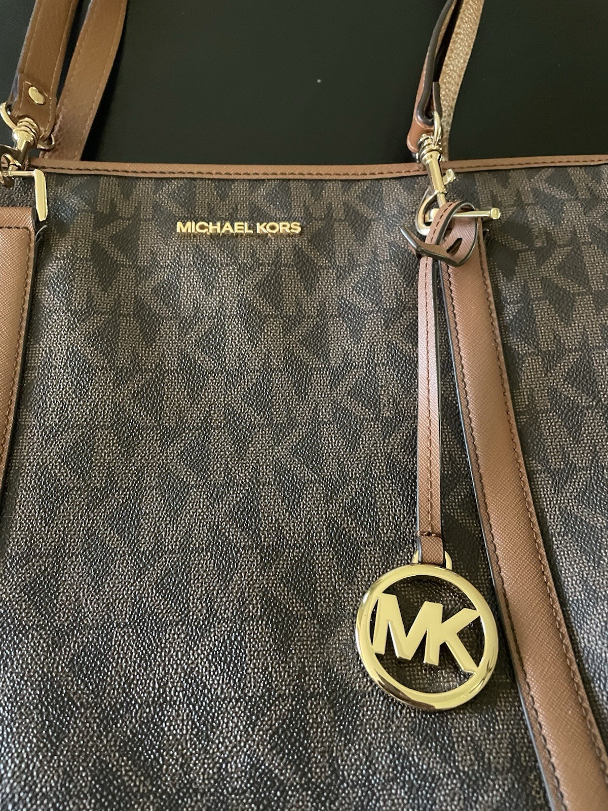 Michael Kors Monogram Logo Brown Zip Top Medium Tote Gold Hardware