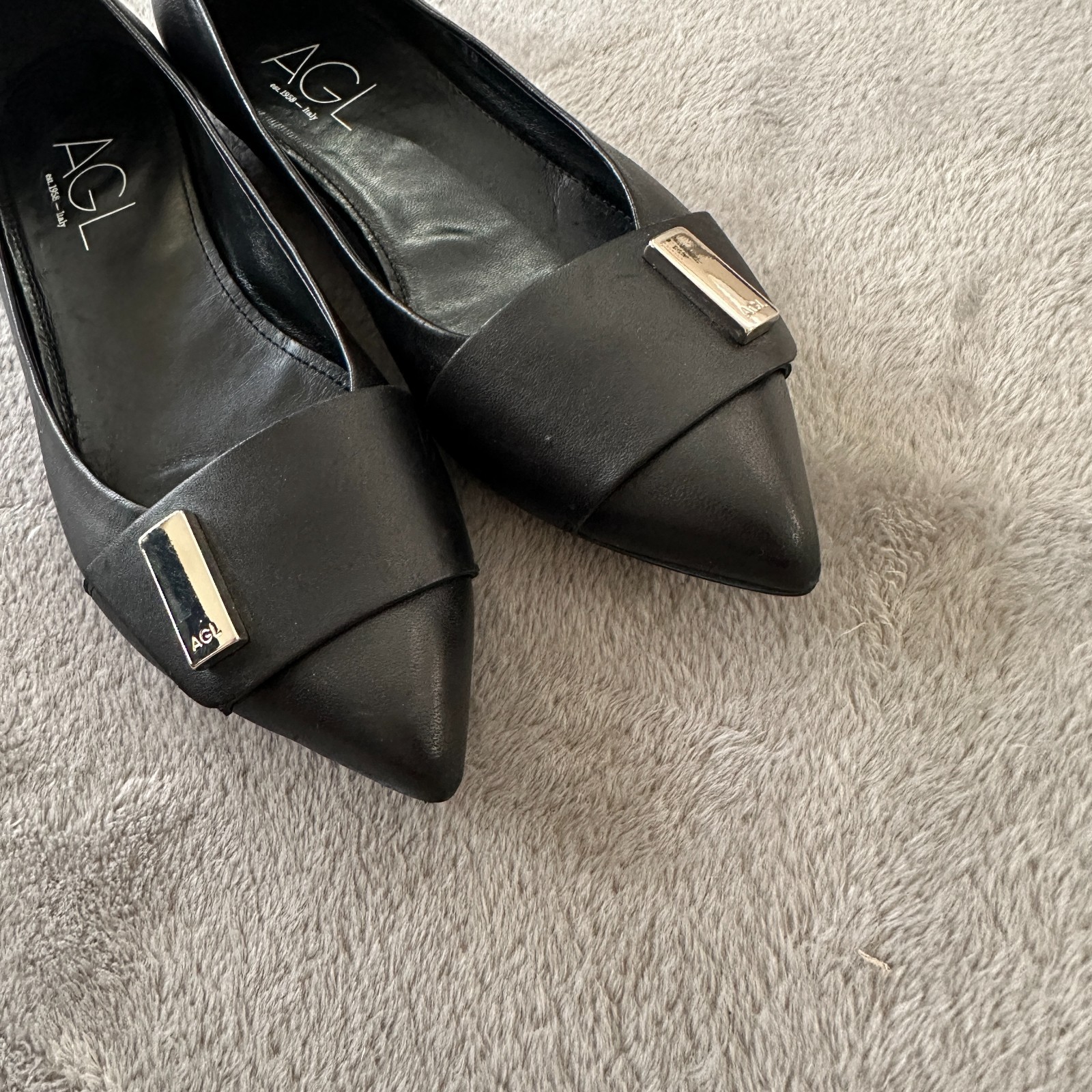 AGL Attilio Giusti Leombruni Black Leather Pointed Toe Ballet Flats Size EU 38