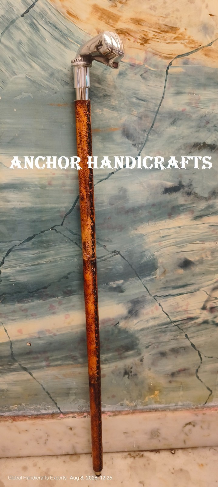 Handmade Punch Handle Leather embossed Nautical Style Wood Costume Walking Stick