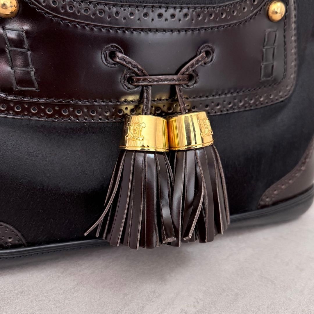 CELINE Calf Hair Boogie Bag Tote Bag Leather Dark Brown Tassel Vintage Used F/S