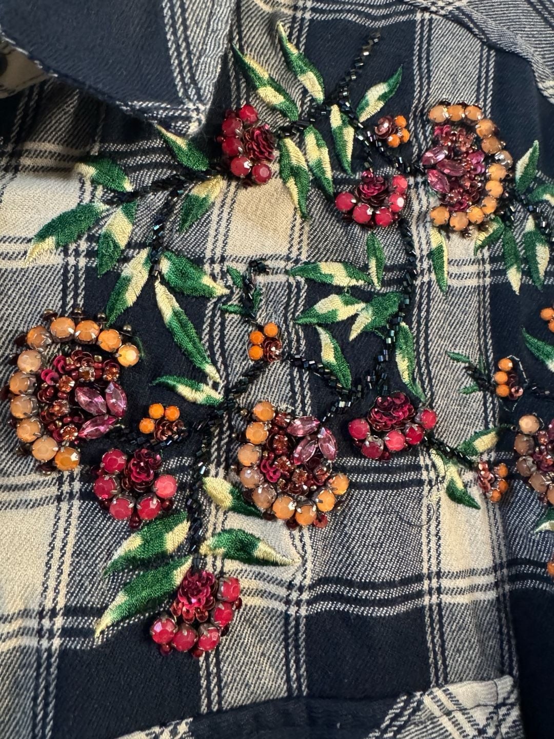 Zara Basic Z1975 Denim Plaid Embellished Beaded Floral Flannel Shirt