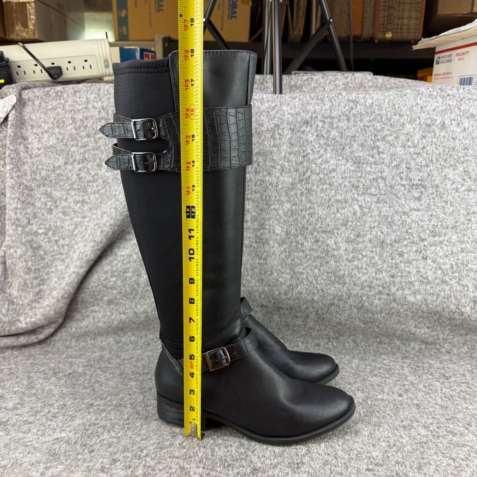 ✅Womens 9M Nicole Tess Black Knee-High Riding Boots Side-Zip Double Buckle Strap