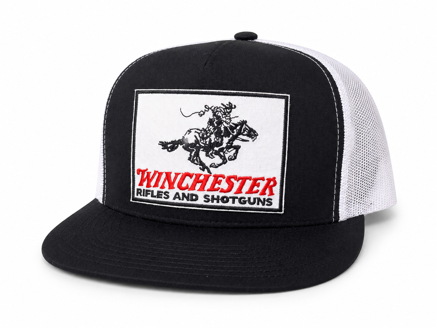 WINCHESTER RIFLES AND SHOTGUNS PATCH ON SNAPBACK TRUCKER HAT BLACK/WHITE