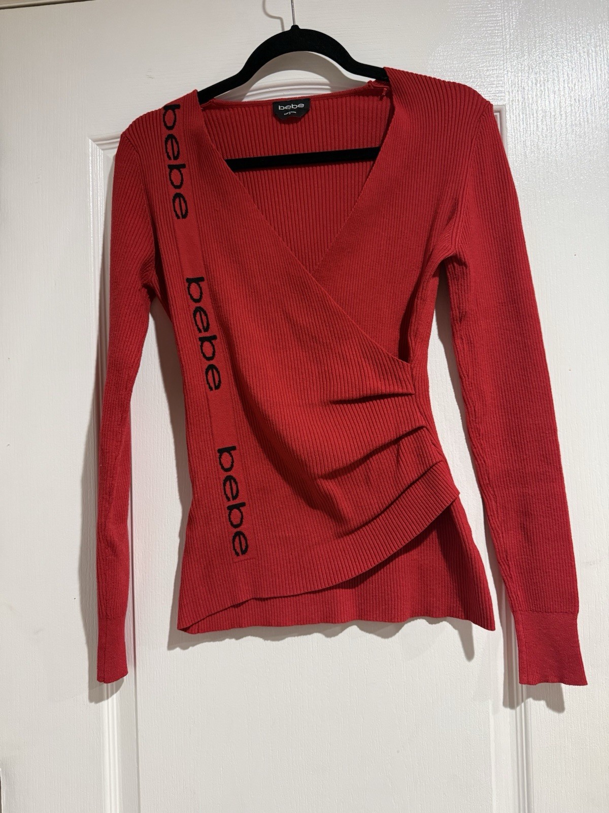 BEBE Red Asymmetric Side LOGO Faux Wrap Ribbed Knit V Neck Sweater Size Small