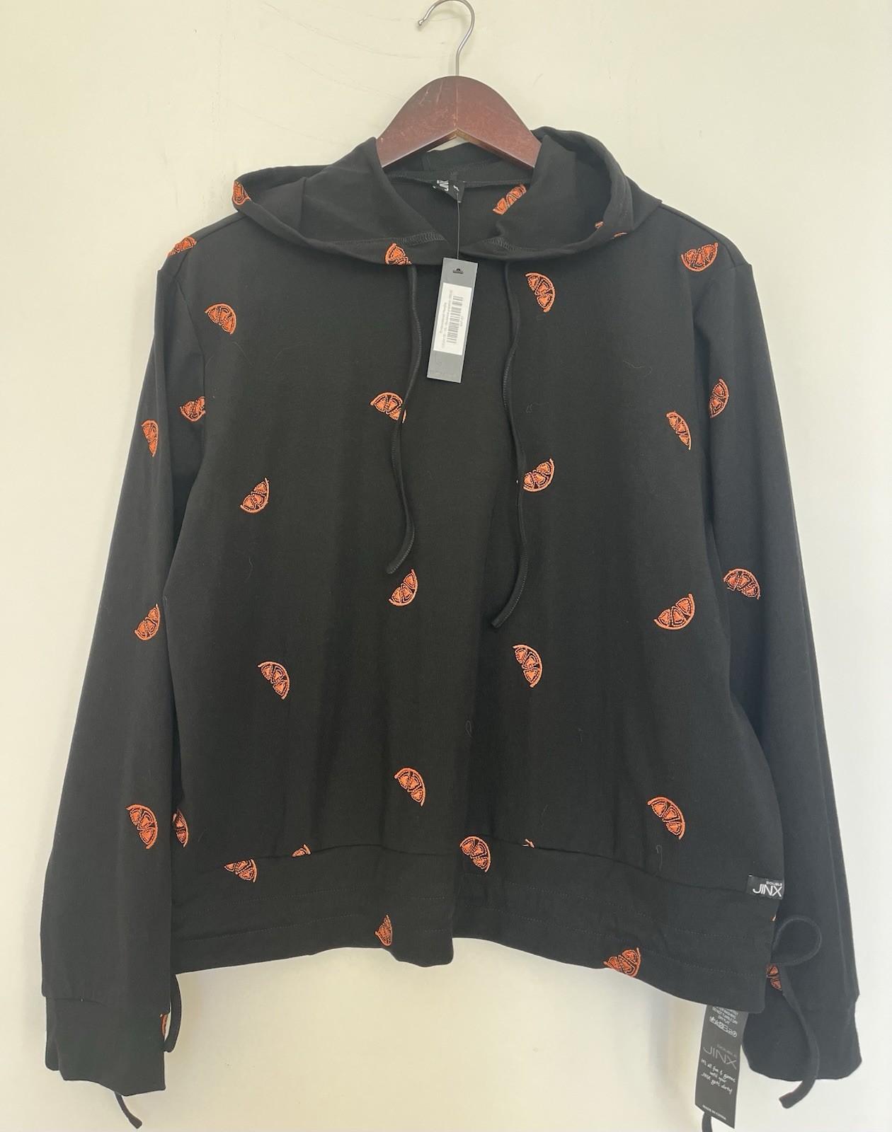 NWT Double Jinx Embroidered Grapefruit Hoodie Women’s 1XL Black Orange Drawstrin