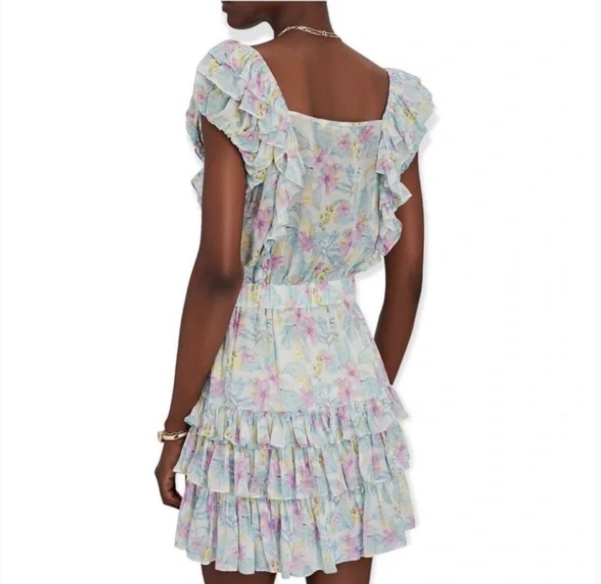 LOVESHACKFANCY Womens Dress Size XS Ivoire Floral Chiffon Mini white ruffle Blue
