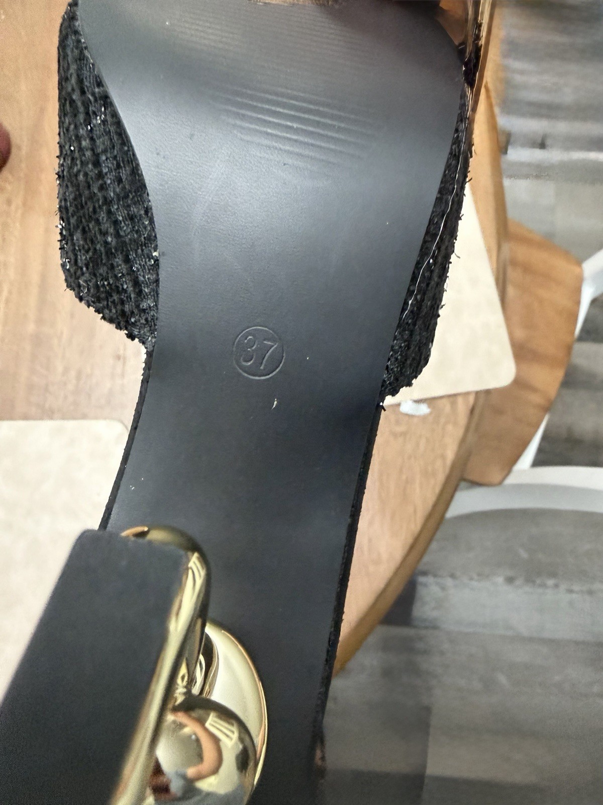 Women’s Black Slide Mule Sandals Gold Chain Accent Synthetic Upper EU 37