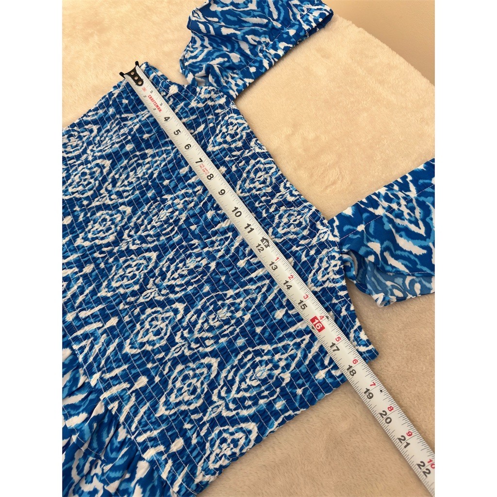 MIXIT Maxi Dress Womens 2XL Blue & White Ikat Smocked Flutter Sleeve NEW!