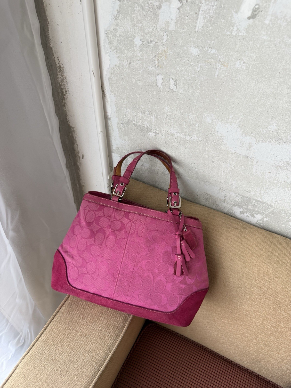 Coach Hampton Signature Satchel Pink Canvas Suede Trim 6830
