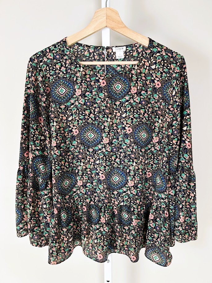 J. Crew Peplum Blouse Top Size L Medallion Floral Boho Bell Sleeve Keyhole