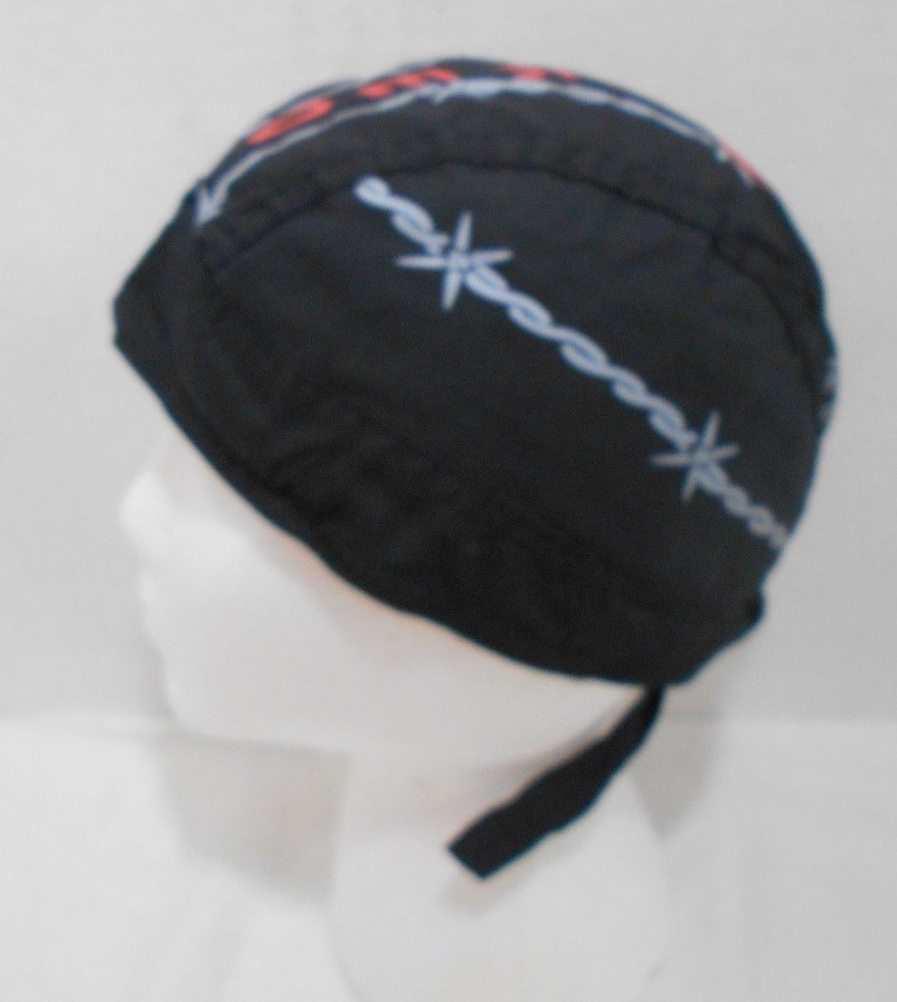 Skull Cap Do Rag Black Barb Wire WIRED Tie Back with Tail Biker Motorcycle Hat