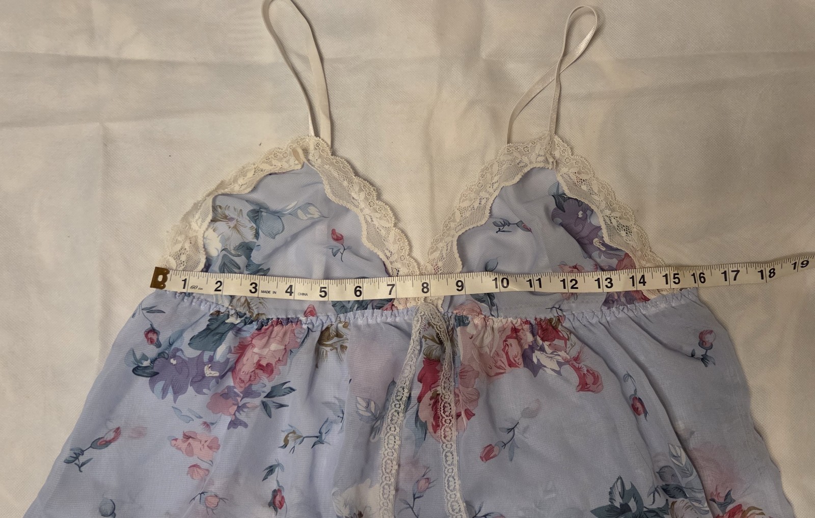 Women’s Size L Light Blue Floral Translucent Lace Trim Thin Strap Nightgown