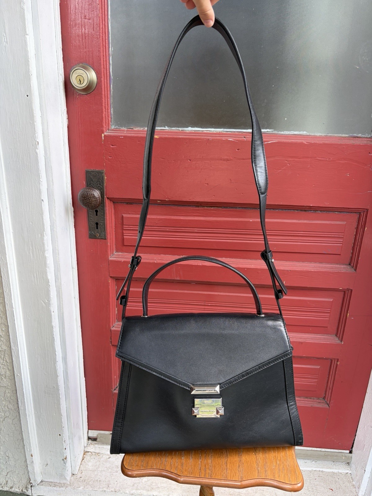 Michael Kors Black Medium Satchel Top Handle Push Lock Detachable Strap Pockets