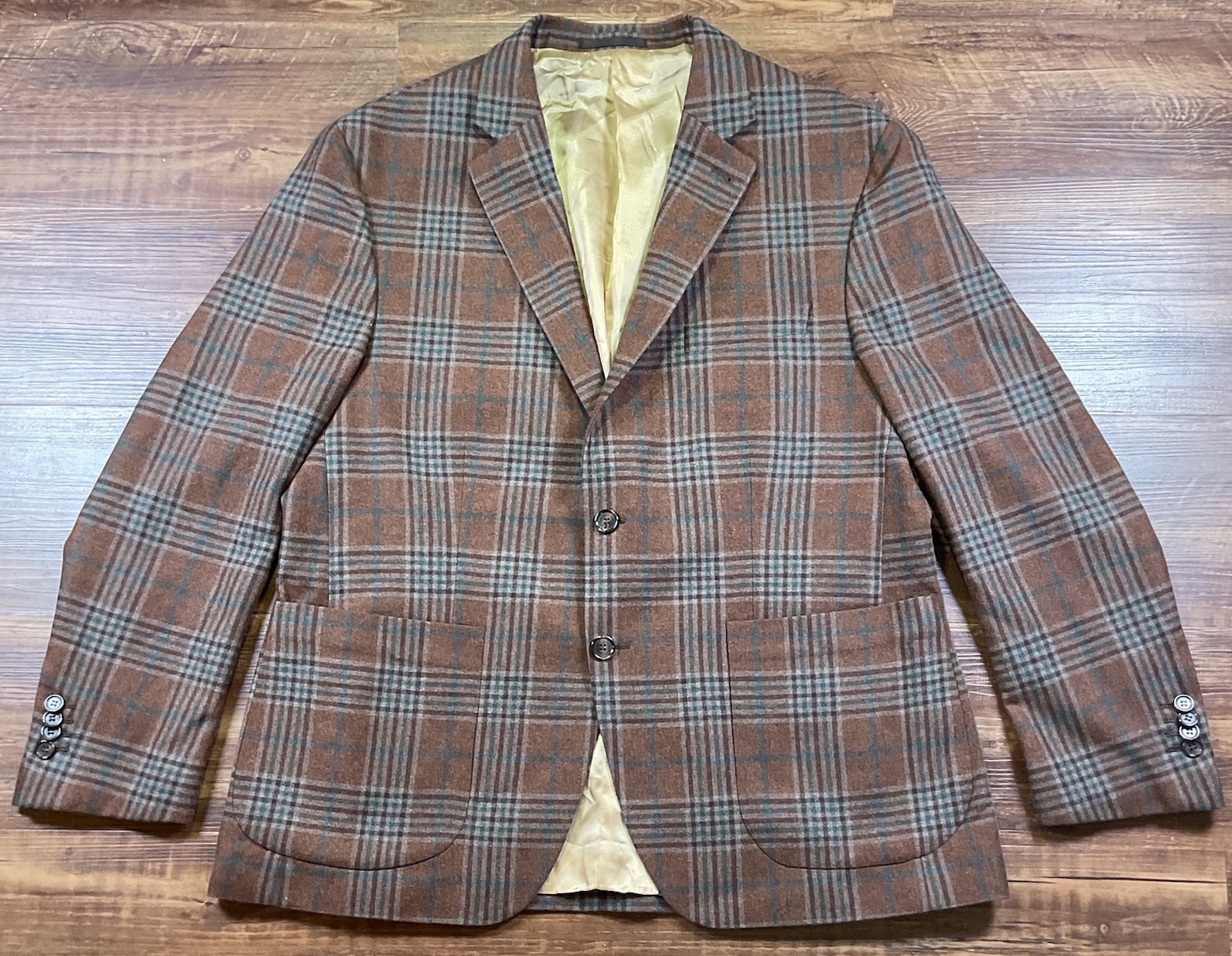 Liam John Sport Coat 46R Brown Plaid Wool Cashmere Snowflake Fabric Italy Blazer