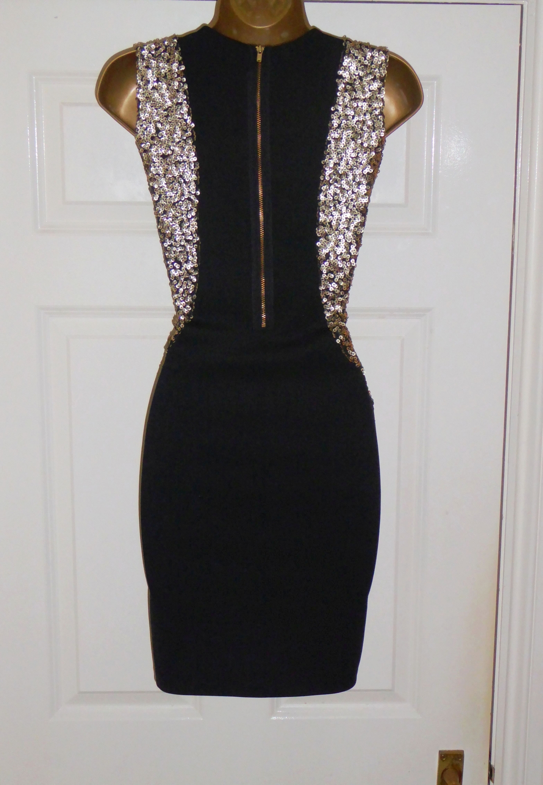 Jane Norman black gold sequin stretchy mini bodycon party dress size 10