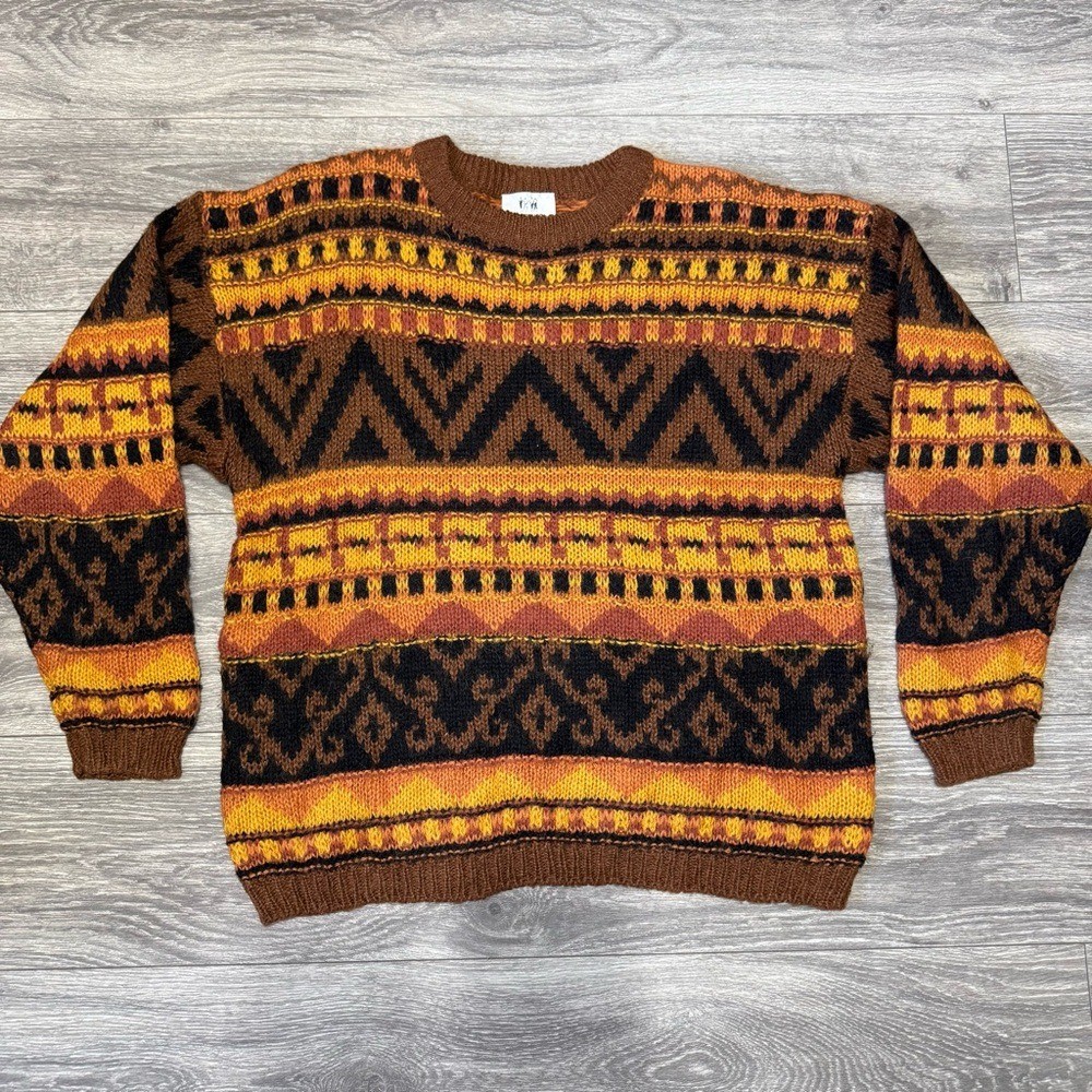 Together! Vintage 90s Wool Blend Geometric Tribal Knit Sweater Mens Large Brown