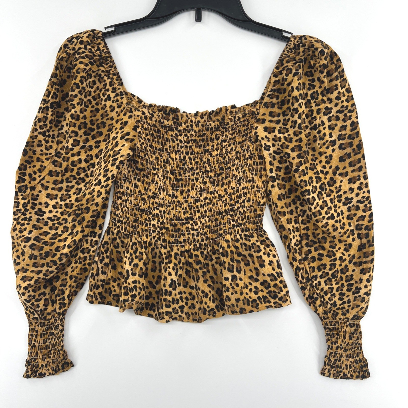 Mi Ami Francesca’s Leopard Print Smocked Peplum Top S Boho Feminine Romantic