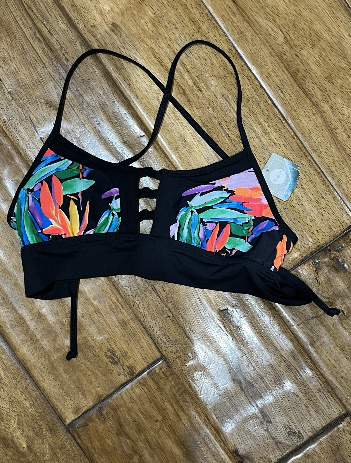 Eidon Bralette Bikini Top XS D Black Tropical Floral Cut-Out Strappy Adjustable