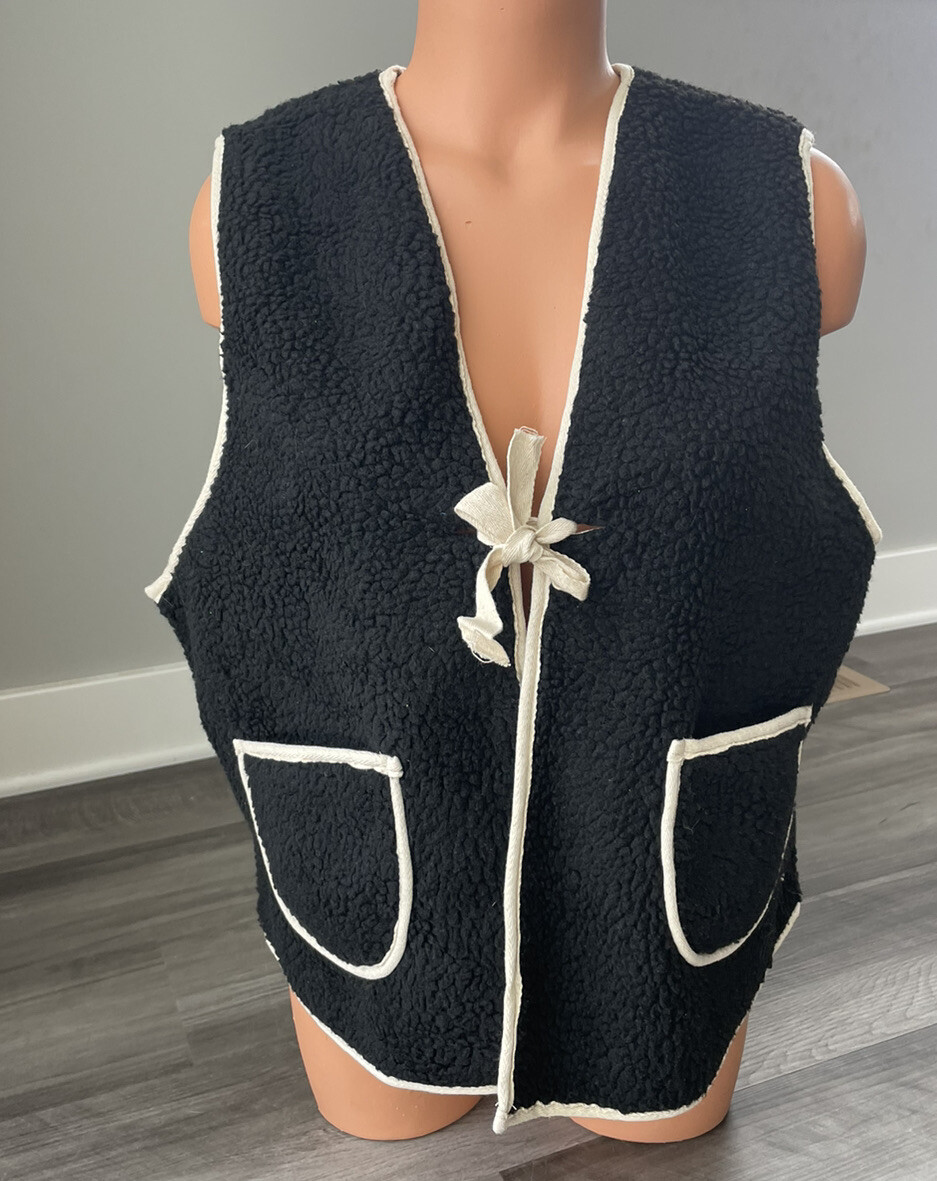Home Original Design Black Sherpa Vest Tie L Contrast Hem Boxy