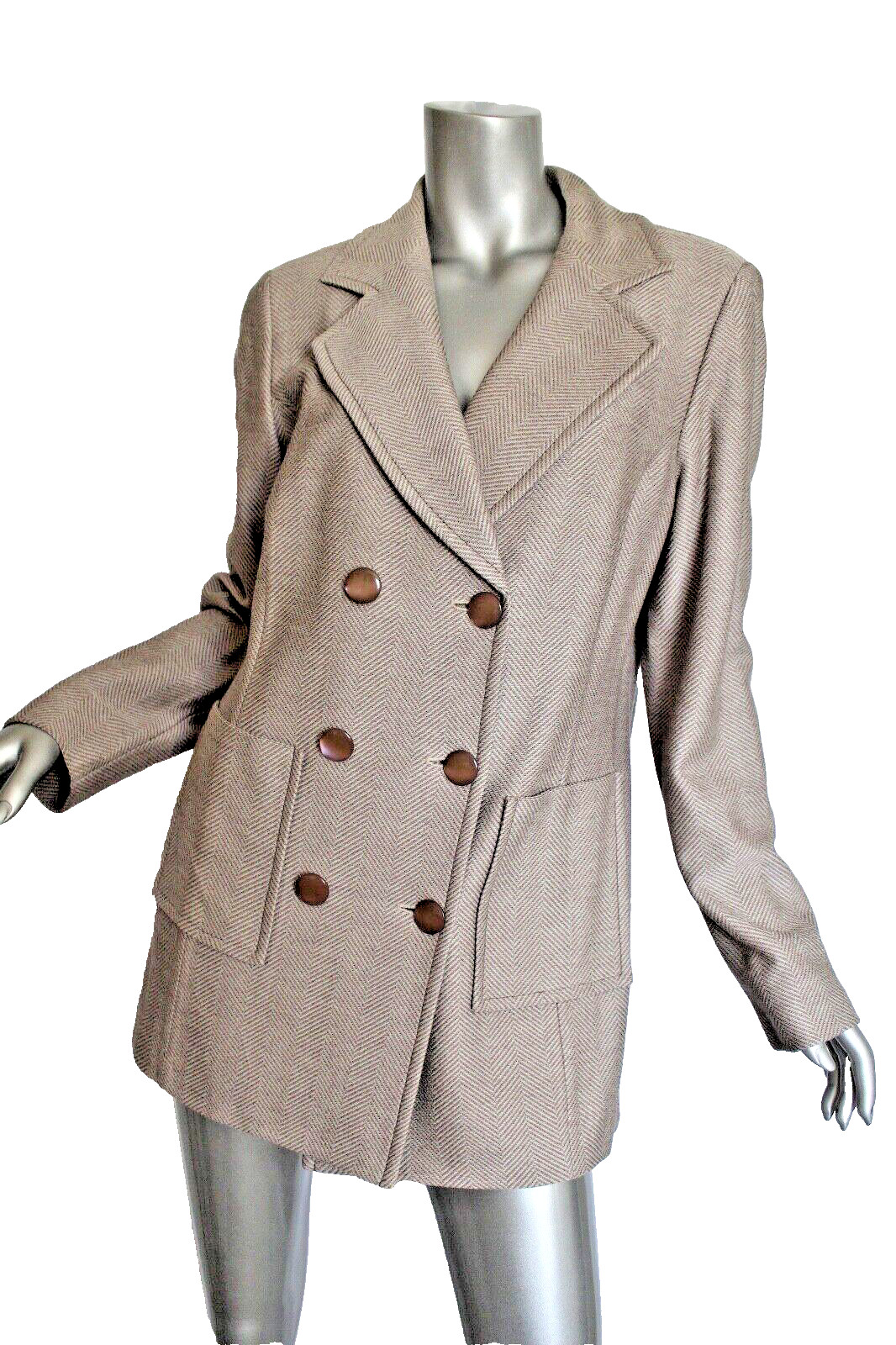 Womans St John Beige White Herrringbone Double Breasted Jacket Size 14
