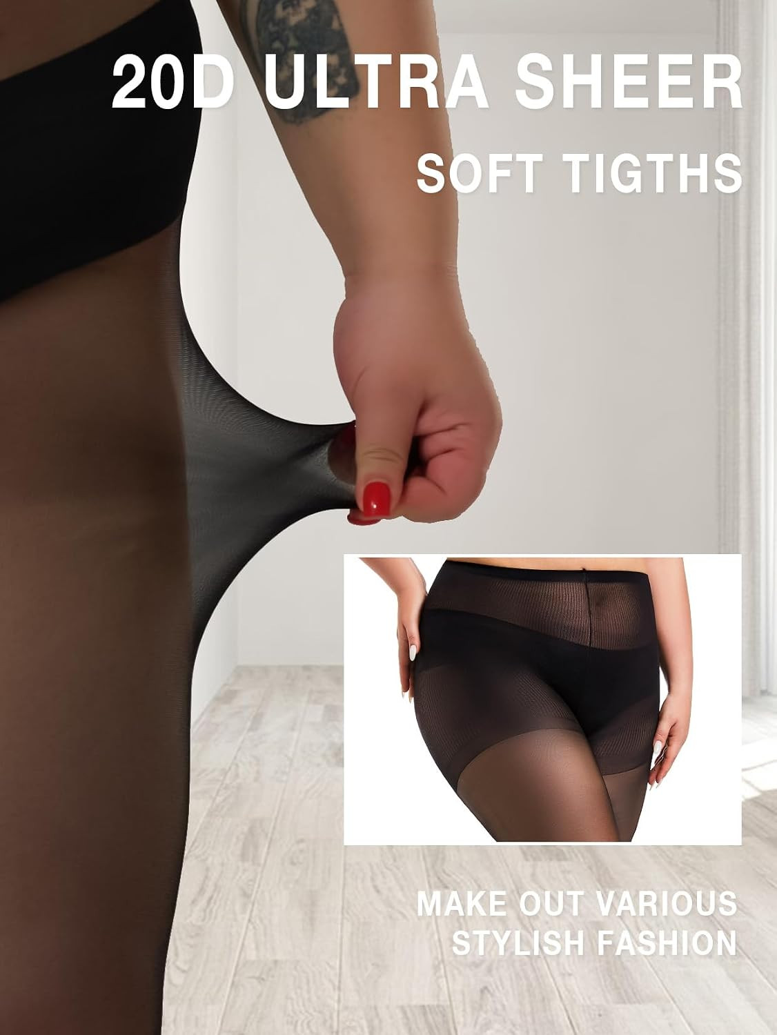 MERYLURE plus Size Sheer Tights for Women,20D Control Top Pantyhose Reinforced T