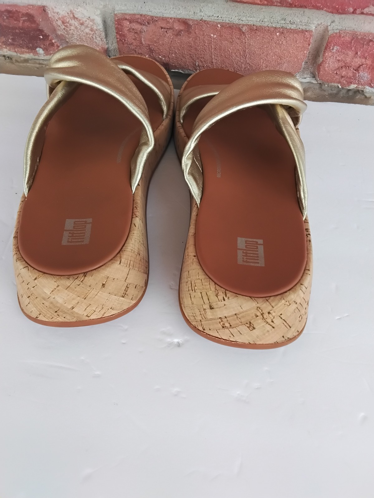 FitFlop F-Mode Twist Platform Gold Leather Slide Sandals US 10 Eu 42