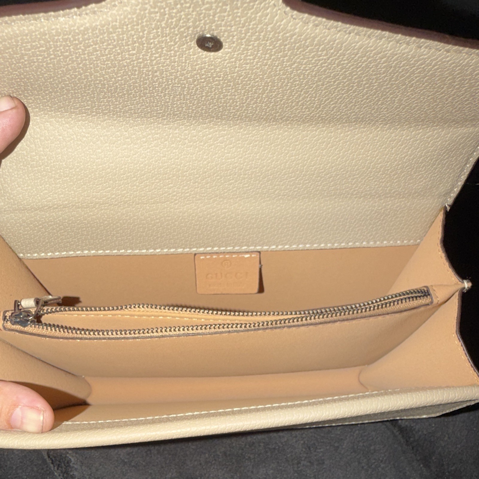Gucci GG Pattern Beige Small Shoulder Bag with Silver Chain Strap Snap Closure