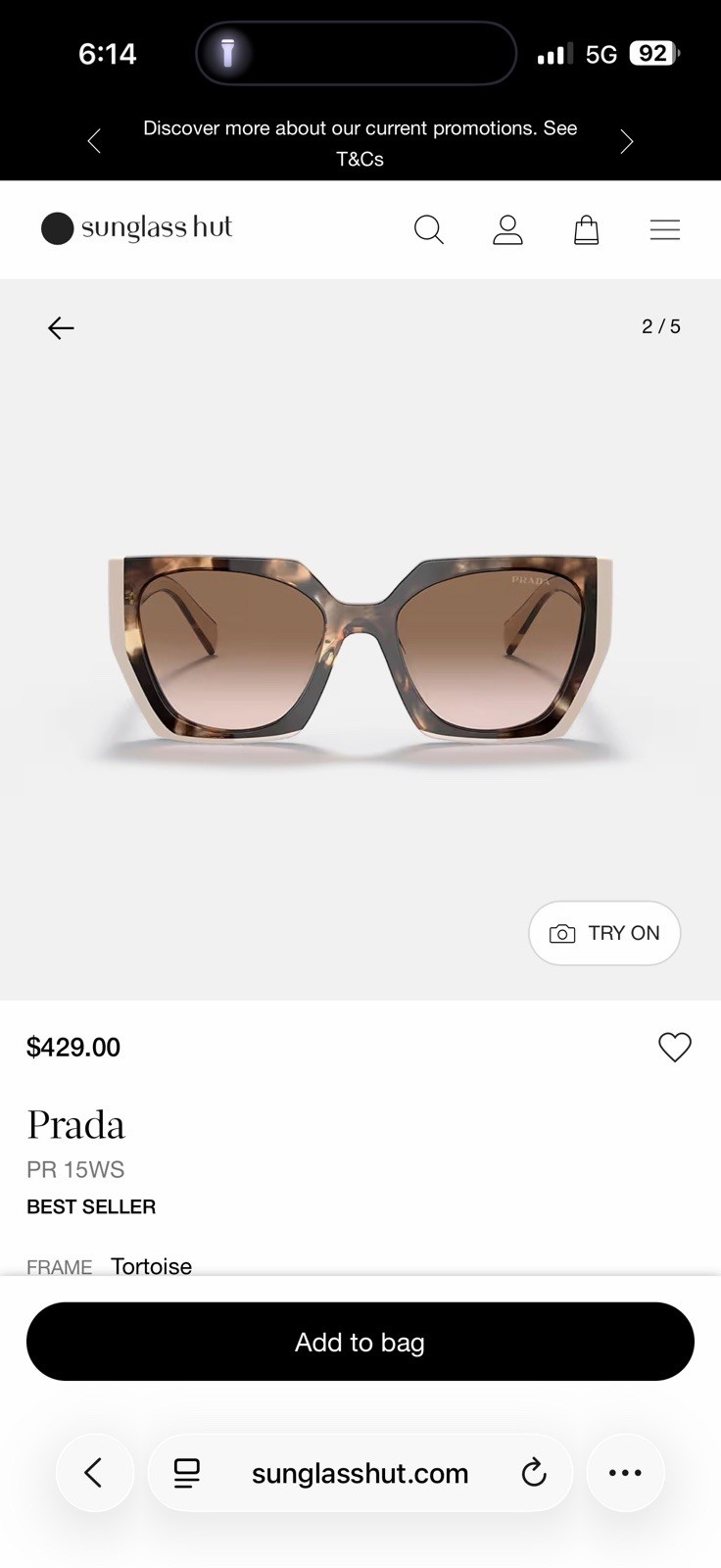 Prada PR15WS Tortoise/ Brown Lens Square Sunglasses 100% UV